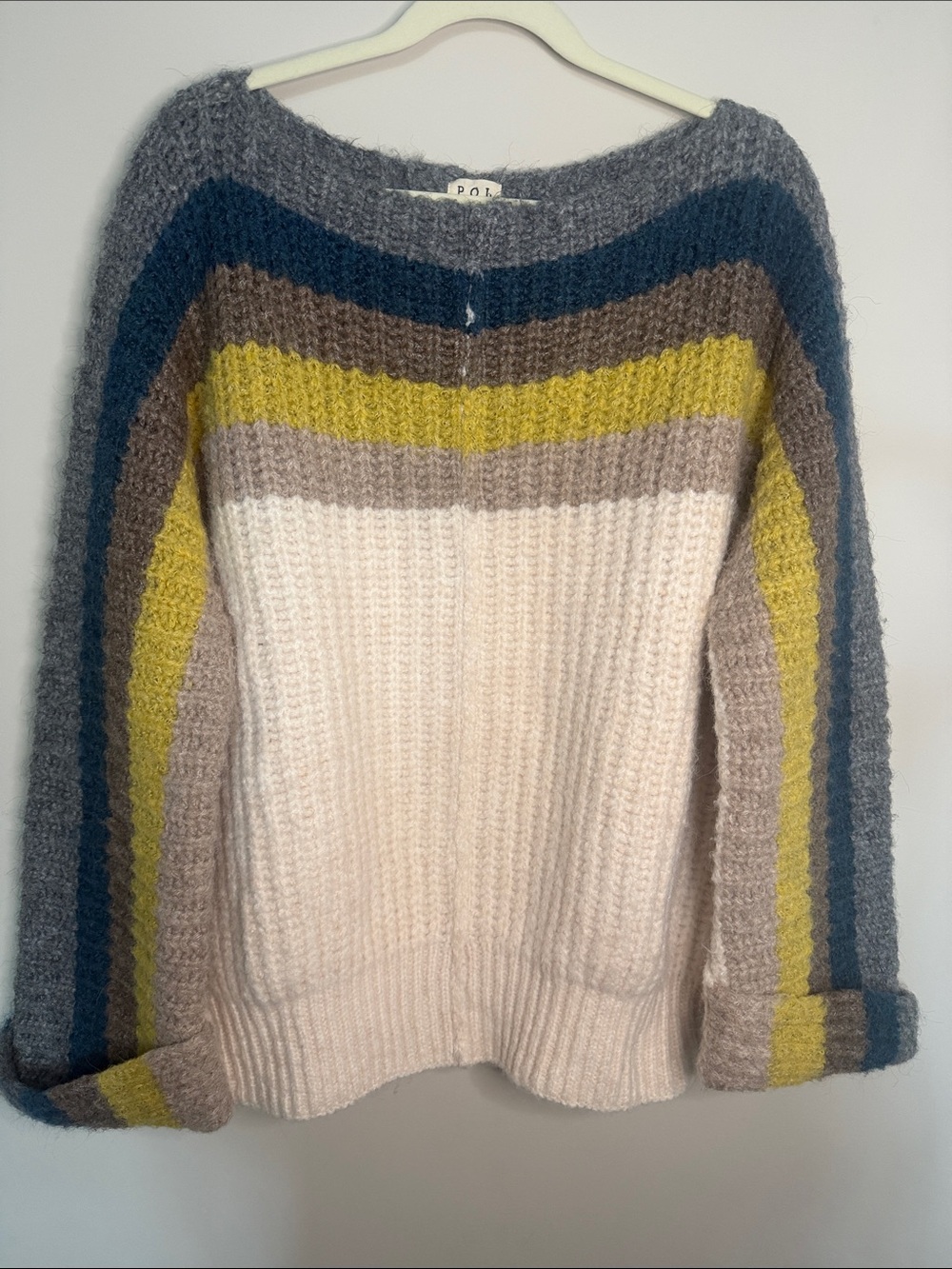 POL Striped Crewneck Sweater in Cream, Gray, Mustard & Navy